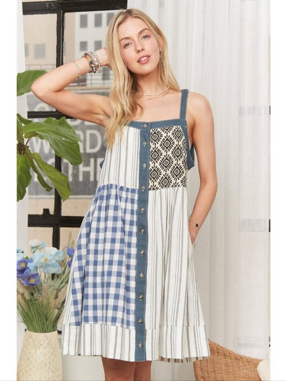 ADORA "Annie" Patchwork Mini Dress Denim Print Boho Striped&Gingham  Blue Sz S